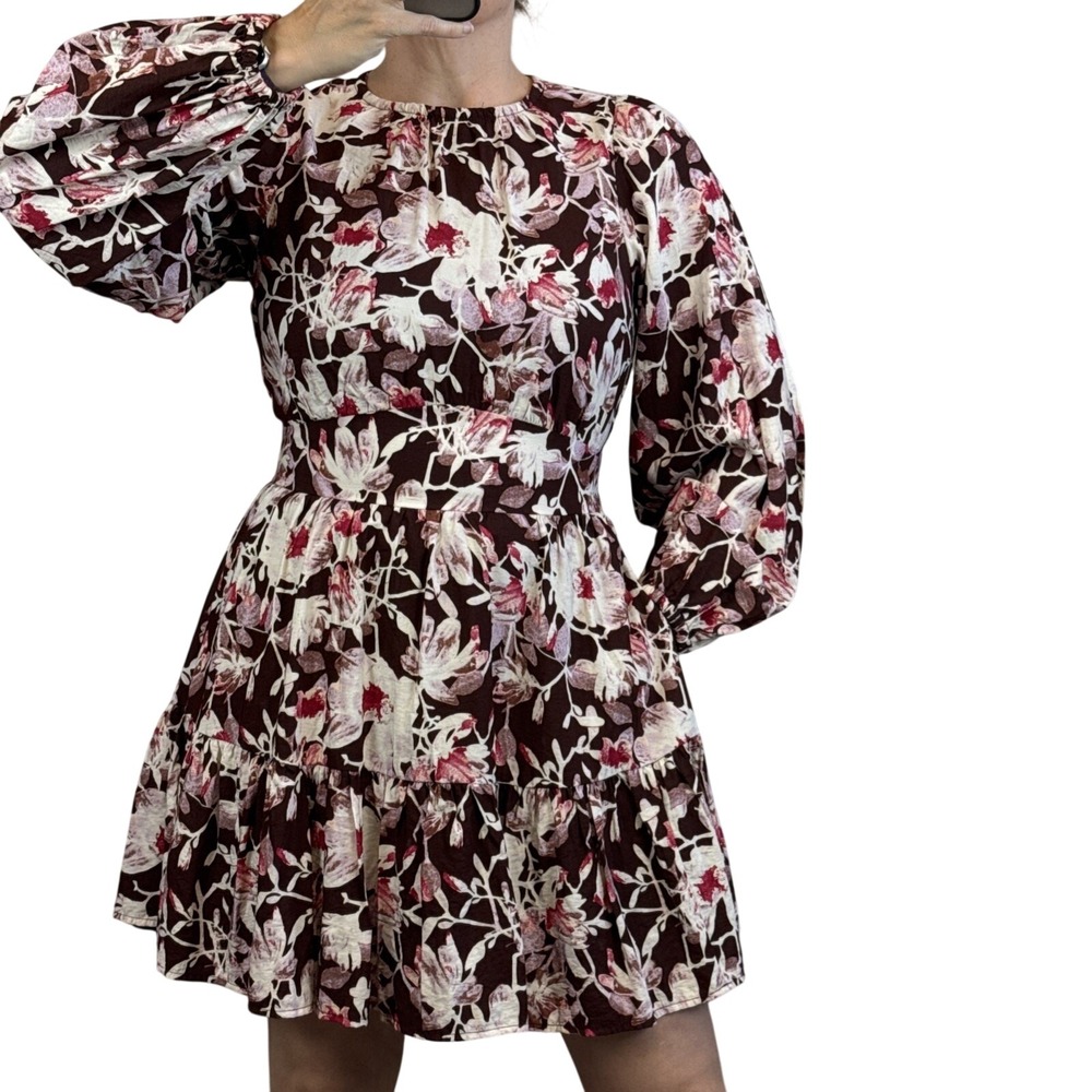 Chelsea28 Womens Floral Tiered Long Sleeve Mini Dress Size M Brown Floral Pocket